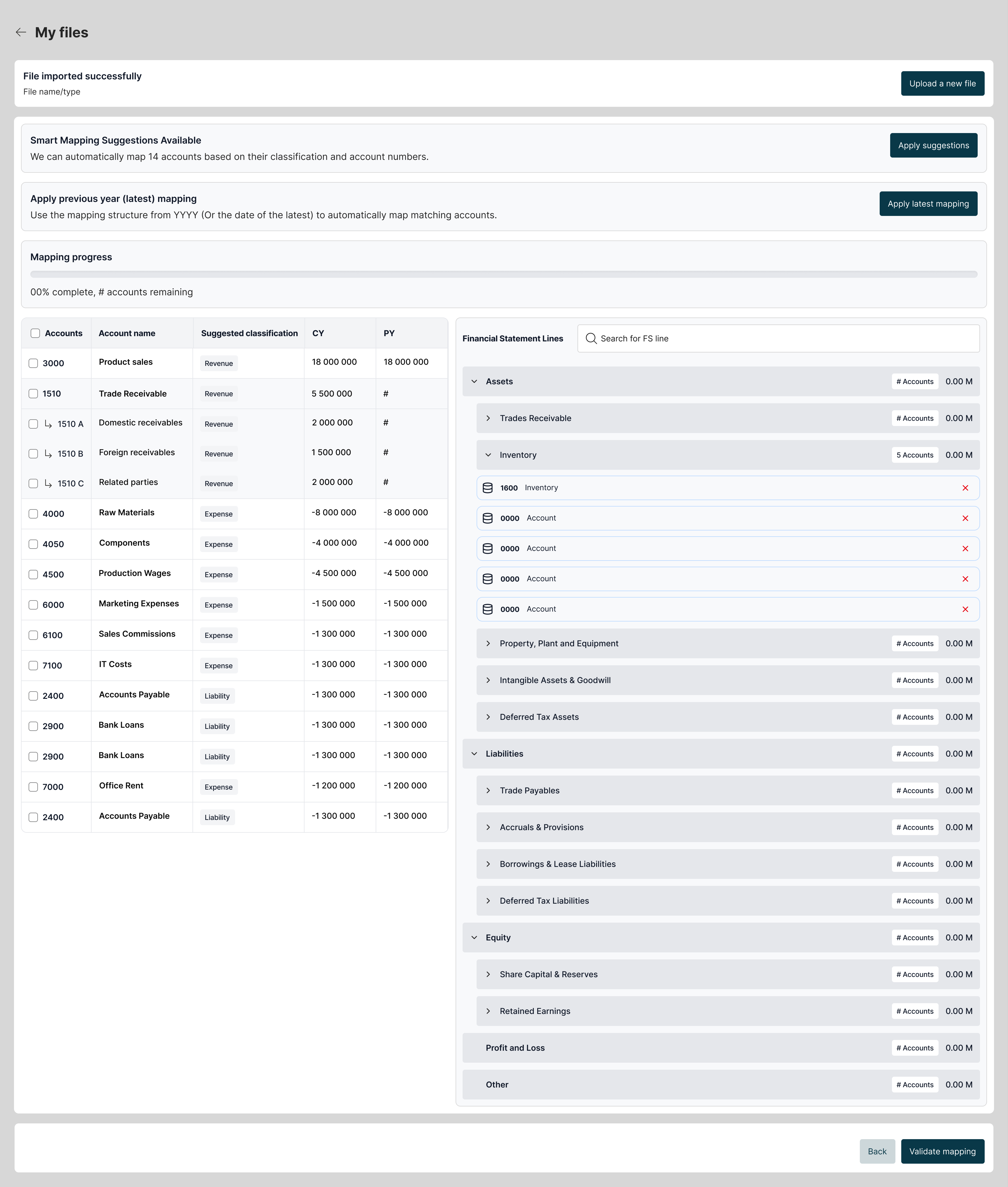 Financial data import and mapping interface